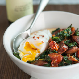 Polenta Bowl with Garlicky Spinach, Chicken Sausage and Poached Egg
