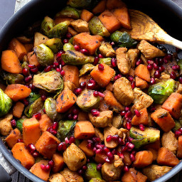 Pomegranate Chicken with Sweet Potatoes and Brussels Sprouts recipe