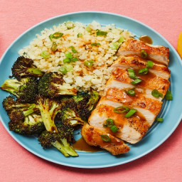 Ponzu Plum Pork Chops with Cauliflower Rice & Sesame Roasted Broccoli