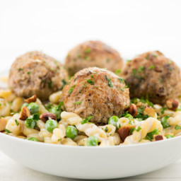 Porcini and Pork Meatballs over Gemelli Pastawith peas and smoked almonds
