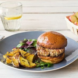 Pork and Apple Burger with Rosemary Potatoes and Mixed Green Salad 