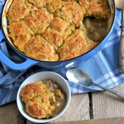 Pork and Green Chili Pot Pie with Scallion Cornbread Topping
