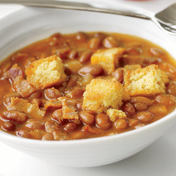 Pork and Pink Bean Soup with Corn Muffin Croutons