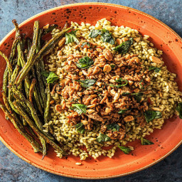 Pork Basil Stir-Fry over Jade Rice with Green Beans and Crushed Peanuts