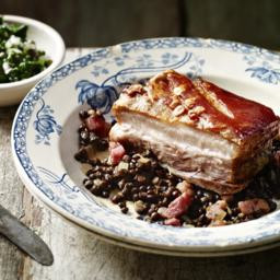 Pork belly with lentils and black cabbage salsa