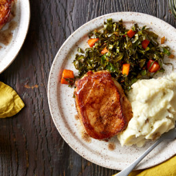 Pork Chops & Mashed Potatoes with Maple-Stewed Collard Greens