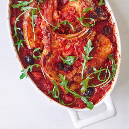 Pork chops baked in chorizo and black olive tomato sauce