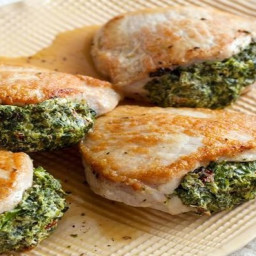 Pork chops stuffed with sun-dried tomatoes and spinach