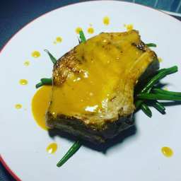 Pork Chops with a miso mustard sauce and sesame green beans