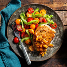 Pork chops with dried apricot mostarda and tomato-celery salad