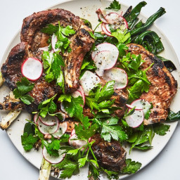 Pork Chops with Radishes and Charred Scallions