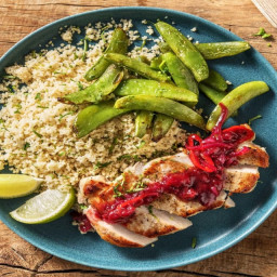 Pork Chops with Spicy Cherry Sauce and Citrusy Cilantro Couscous