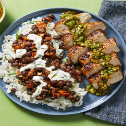 Pork Chops with Zesty Green Onion Salsa & Buttery Black Beans over Rice