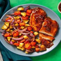Pork Cutlets with a Cranberry Pan Sauce and Rosemary-Roasted Root Veggies