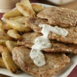 Pork Cutlets with Creamy Blue Cheese Dressing and Fingerling Potatoes