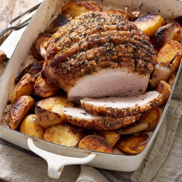 Pork leg roast with roasted shallots and potatoes