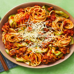 Pork Sausage Spaghetti Bolognese with Zucchini Ribbons & Parmesan