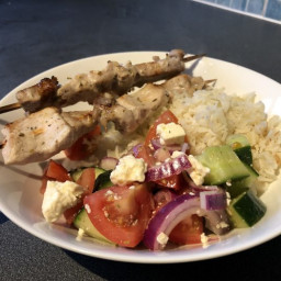 Pork Souvlaki with Greek salad and rice
