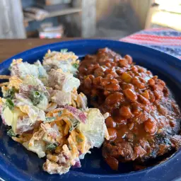 Pork Steak and Beans with Loaded Potato Salad