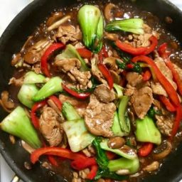 Pork Stir Fry with Bok Choy, Red Peppers and Mushrooms