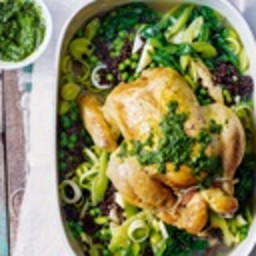 Pot-roast chicken with lentils and spinach pistou