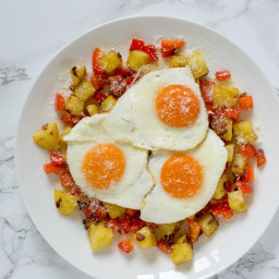 Potato and Red Pepper Hash with Fried Eggs and Parmesan
