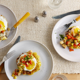 Potato Cakes with Fried Eggs and Turkey-Red Pepper Hash