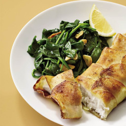 Potato-Wrapped Halibut with Sautéed Spinach