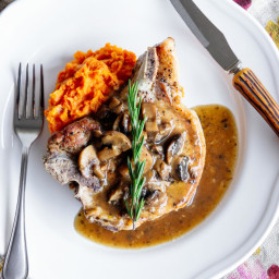 Pressure Cooker Pork Chops with Sweet Potato Purée and Mushroom Gravy