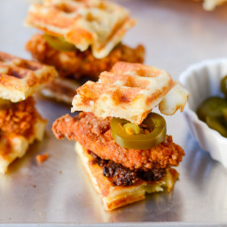 Pretzel Crusted Chicken and Cheddar Waffle Sliders with Bacon Jam