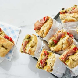 Prosciutto Focaccia Sandwiches with Mozzarella & Pesto Mayo