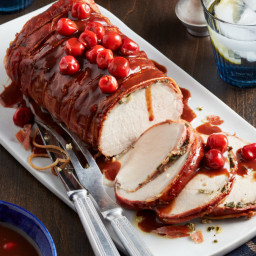 Prosciutto-Wrapped Pork Loin with Cherry Cranberry Pan Sauce