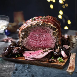 Prosciutto-wrapped roast beef with sage and porcini mushrooms