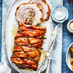 Prune and apple stuffed pork belly with roast fennel and apples