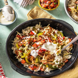 Pulled Pork Fiesta Bowls with Tomato Salsa, Bell Pepper, and Monterey Jack 