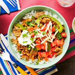 Pulled Pork Fiesta Bowls with Tomato Salsa, Bell Pepper, and Monterey Jack 