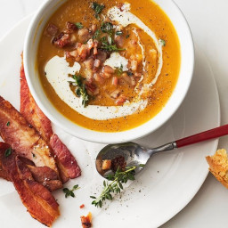 Pumpkin and sweet potato soup with bacon dippers
