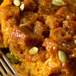 Pumpkin Bread Pudding with Spicy Caramel Apple Sauce