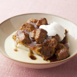 Pumpkin Bread Pudding with Spicy Caramel Apple Sauce and Vanilla Bean Creme