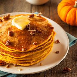 Pumpkin Pancakes with Vanilla-Maple Syrup and Pecans