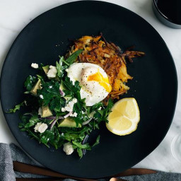 Pumpkin rosti with poached egg, and mint, feta and avocado salad