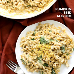 Pumpkin Seed Alfredo Fusilli. Nut-free Vegan Alfredo Recipe