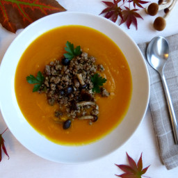 Pumpkin Soup with a Wild Mushroom and Ground Beef Crumble