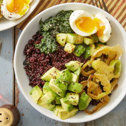 Purple Rice & Miso Spinach Bowls with Black Garlic & Cubanelle Pepp