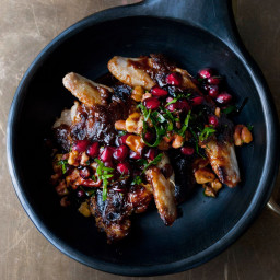 Quails with burnt miso butterscotch and pomegranate and walnut salsa