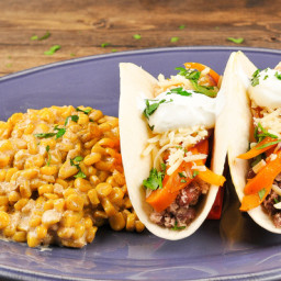 Queso and Frijoles Veggie Tacoswith chipotle creamed corn