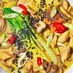 Quick chicken ramen with turmeric, miso and pak choi