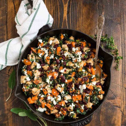 Quick Chicken Sweet Potato Kale Skillet with Cranberries and Goat Cheese