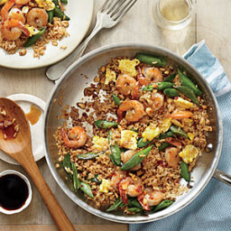 Quick Fried Brown Rice with Shrimp and Snap Peas