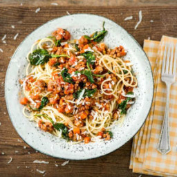 Quick Sausage Bolognese with Spinach, Spaghetti, and Parmesan